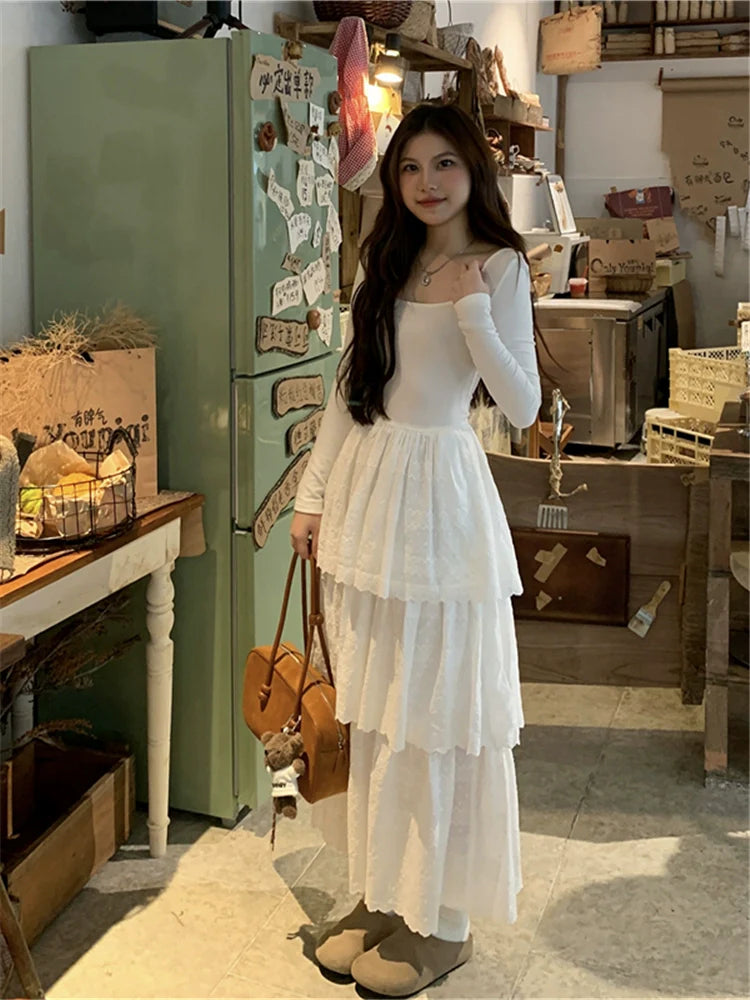 White Open-Back Ballet-Inspired Tiered Midi Dress