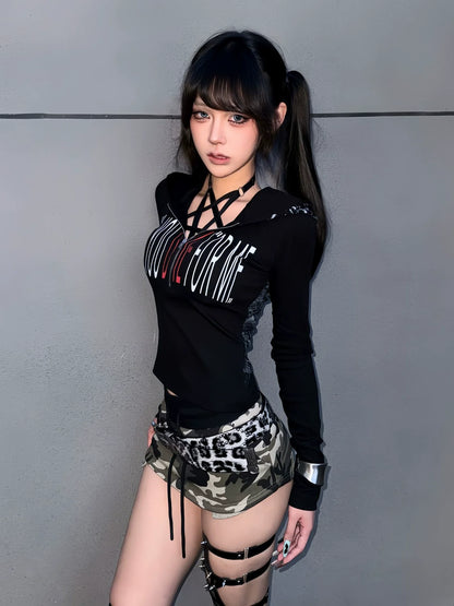 Subculture Snake Print Crop Hoodie Visual Kei Fitted Long Sleeve Top