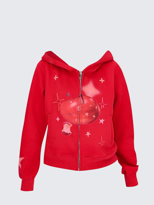 Apple Print Red Hoodie Women