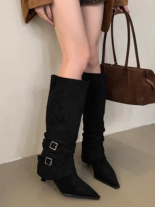 Suede Pointed Toe Slouchy Womens Boots Fall Winter New Removable Two Way Thin Heel Knee High High Heel Ankle Boots