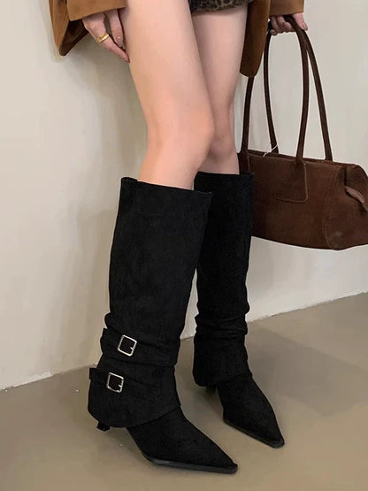 Suede Pointed Toe Slouchy Womens Boots Fall Winter New Removable Two Way Thin Heel Knee High High Heel Ankle Boots