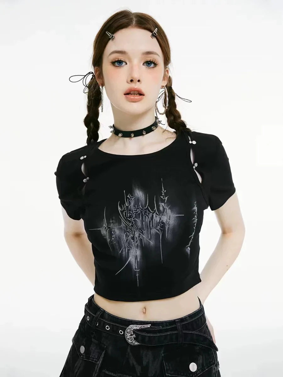 Black Subculture Punk Y2K E-girl Cutout Print Niche Slim-Fit Cropped Top
