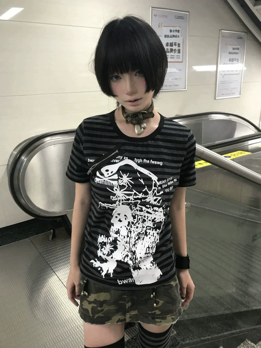 Black & Gray Striped Subculture Punk Y2K E-girl Abi American Retro Skull Short Sleeve Top