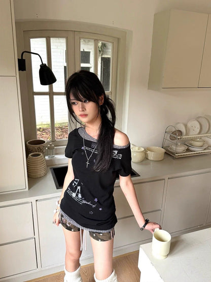 Music Purple Wave Fake Two-Piece Subculture Y2K E-girl Light Subculture American Retro Print Short Sleeve Top