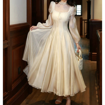 French Vintage Bubble Sleeve Square Neck Gown Dress