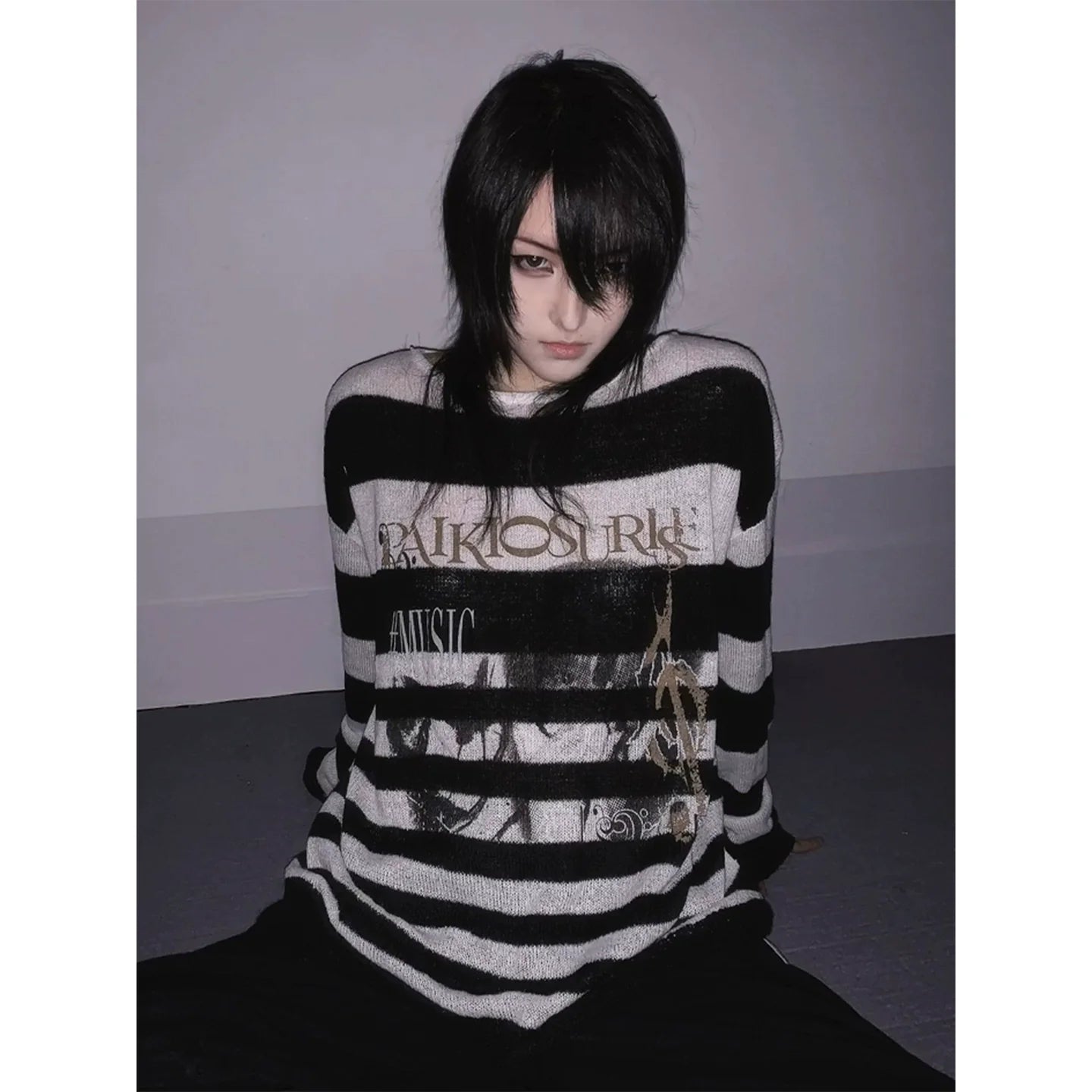 Visual Kei Black & White Striped Sweater Autumn-Winter Portrait Print Knit Top