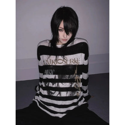 Visual Kei Black & White Striped Sweater Autumn-Winter Portrait Print Knit Top