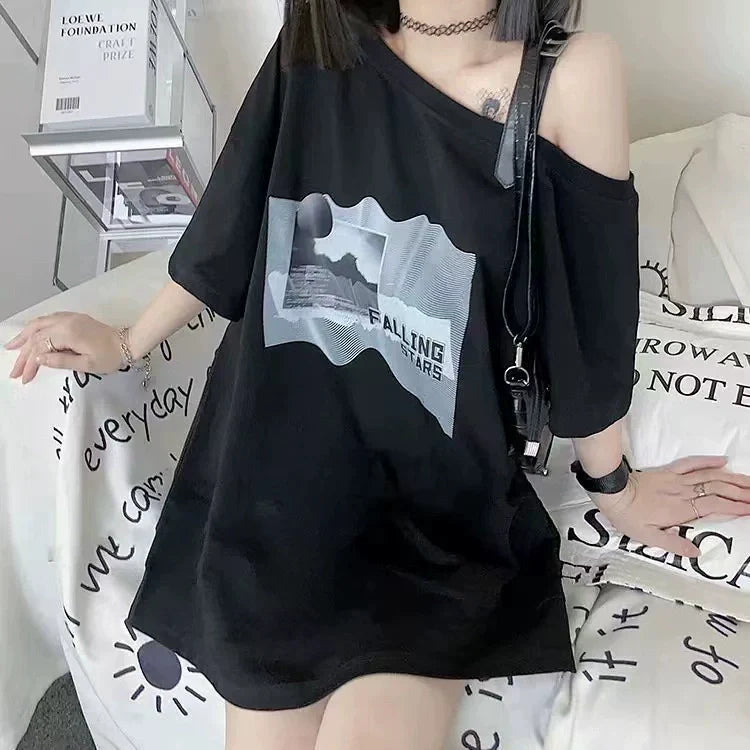 Black Subculture Y2K E-girl Off-Shoulder Mid-Length Lunar Eclipse Print Niche Oversized Short-Sleeve Top