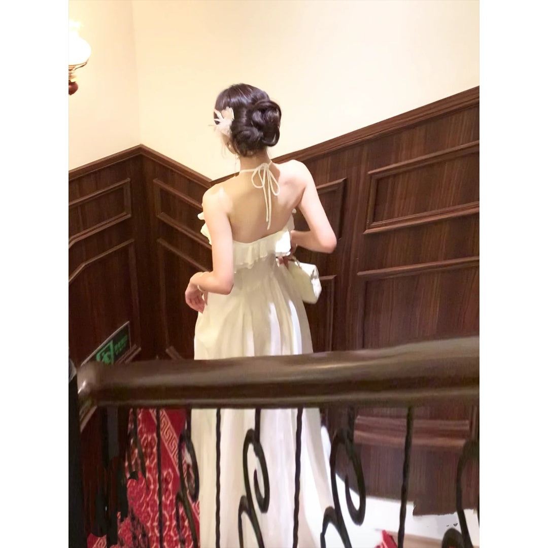 French White Halter Neck Pleated Gown Dress – Ruffled Waist Evening Dress