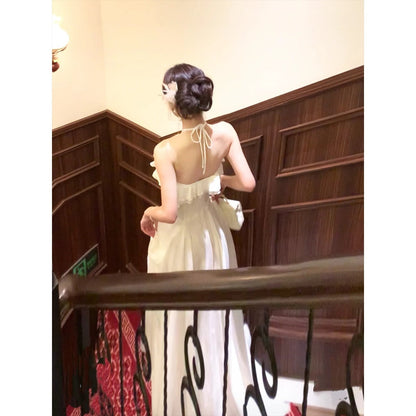 French White Halter Neck Pleated Gown Dress – Ruffled Waist Evening Dress