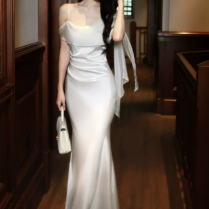 French Satin Spaghetti Strap Luxury Party Gown Dress