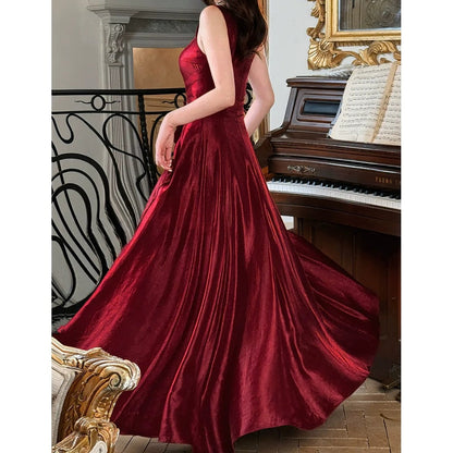 French Red Vintage Waist Full Skirt Gown Dress