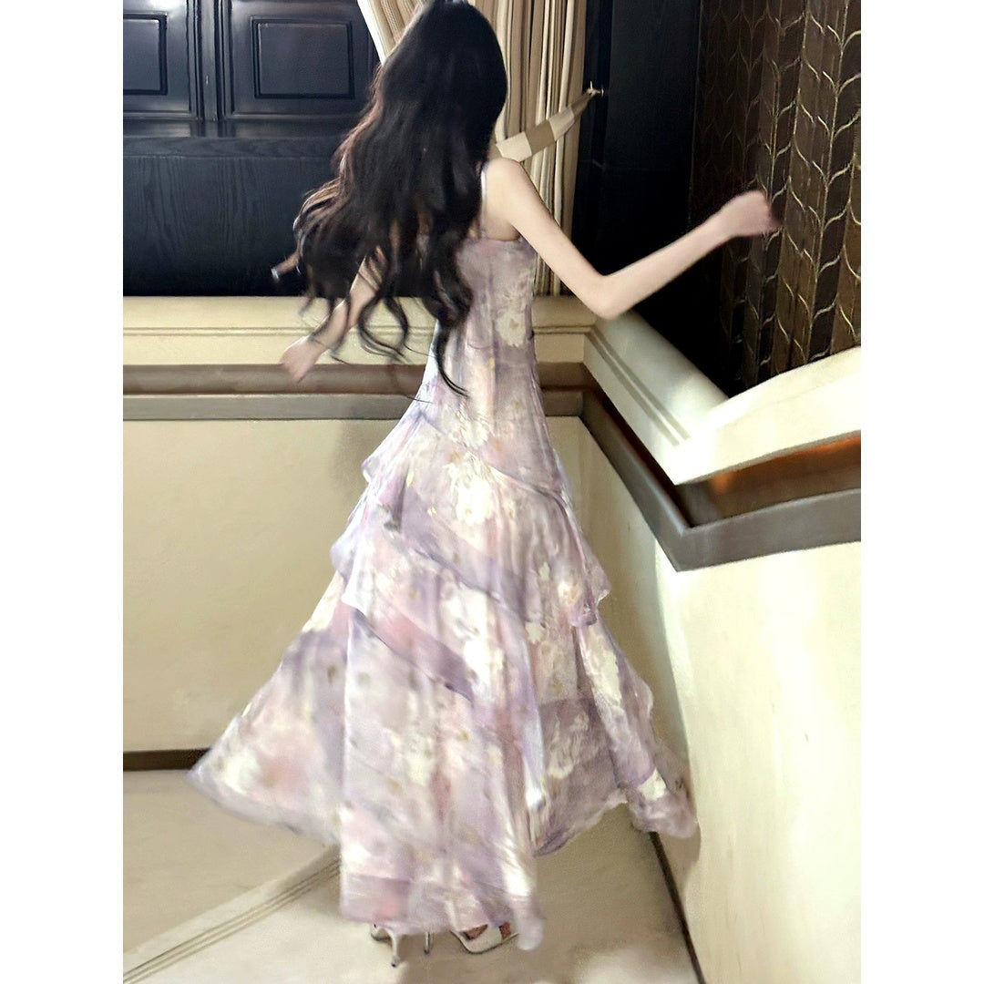 Purple Floral Ruffle Halter Gown Dress