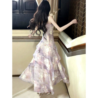 Purple Floral Ruffle Halter Gown Dress