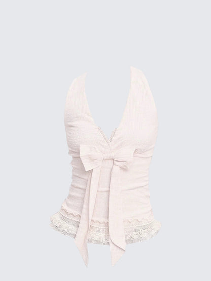 Pink Bow Lace Halter Top
