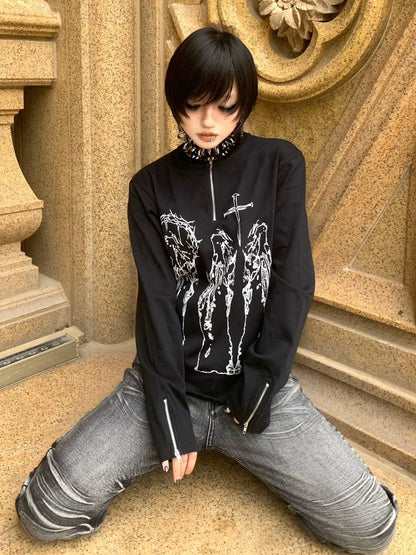 Y2K Black Henley Cross Print Tee