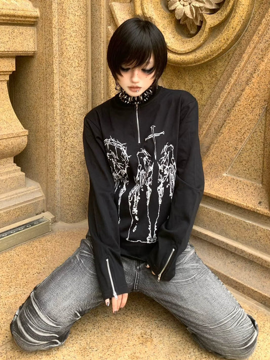 Y2K Black Henley Cross Print Tee