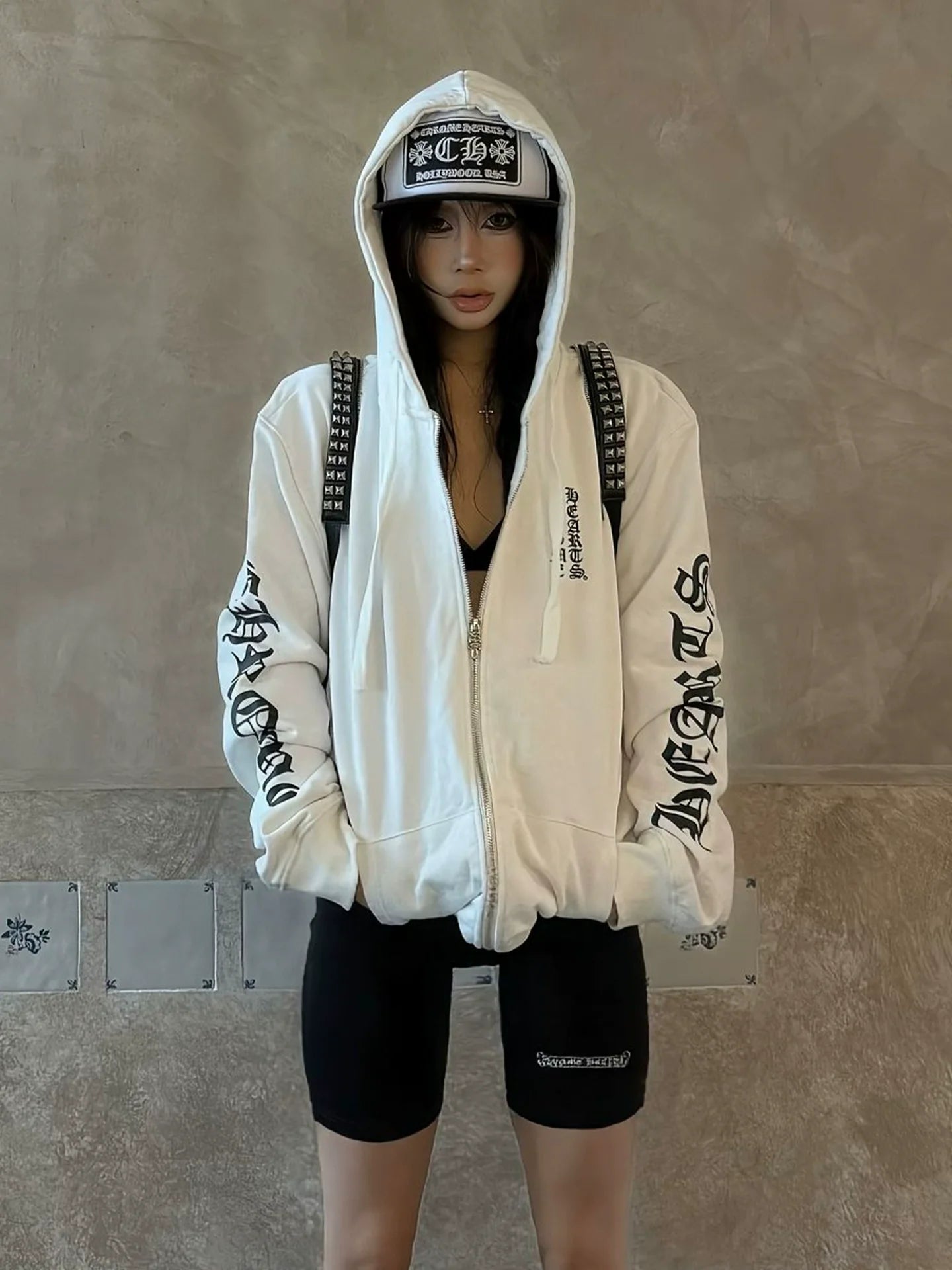 American Heavyweight Gothic Hoodie Autumn-Winter Zip-Up Pullover Letter Print Streetwear Top