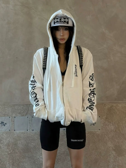 American Heavyweight Gothic Hoodie Autumn-Winter Zip-Up Pullover Letter Print Streetwear Top