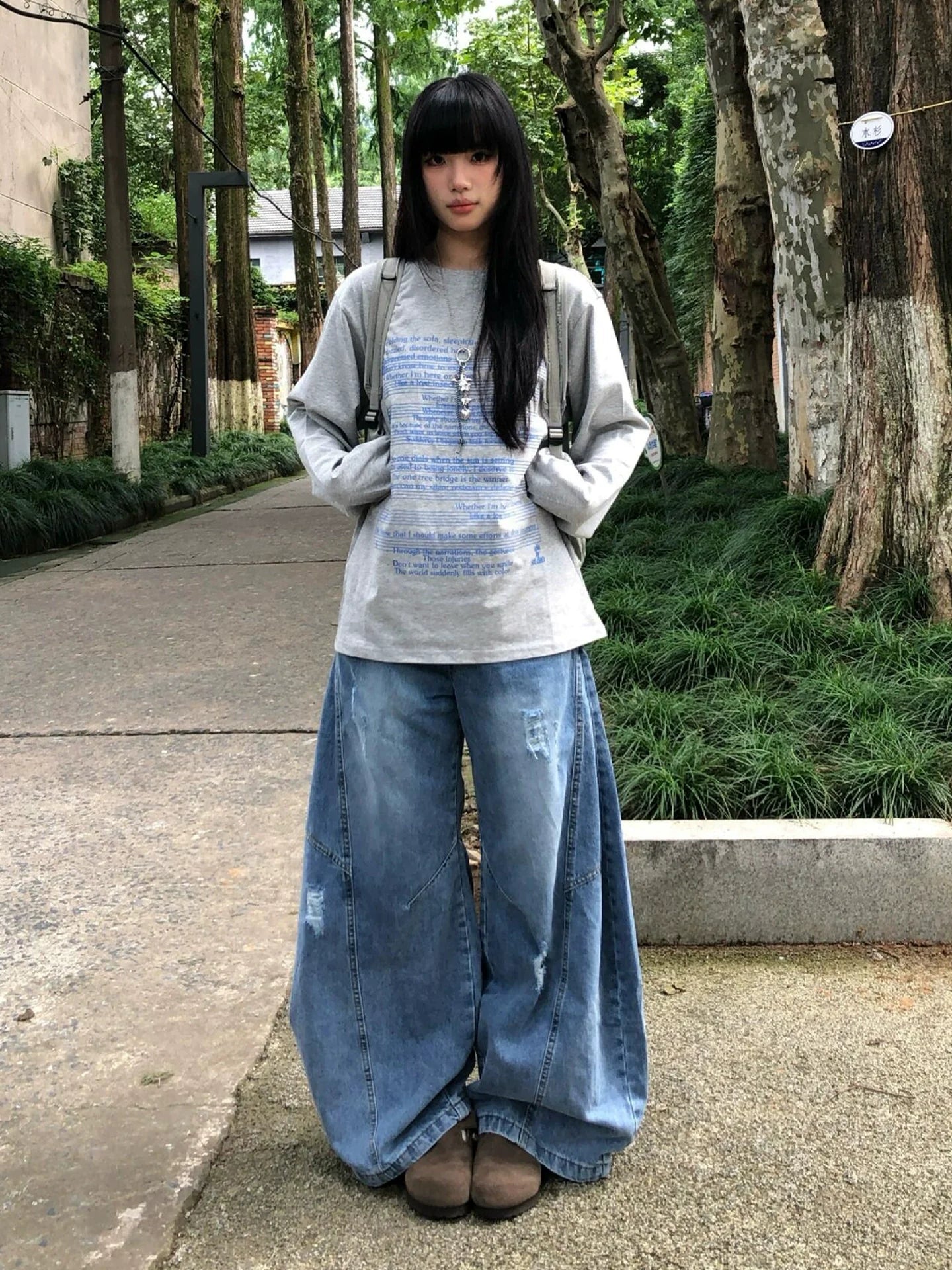 Vintage Gray Music Print Long Sleeve Top for Autumn Winter