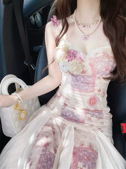 3D Flower Tulle Slip Dress for Beach Vacation
