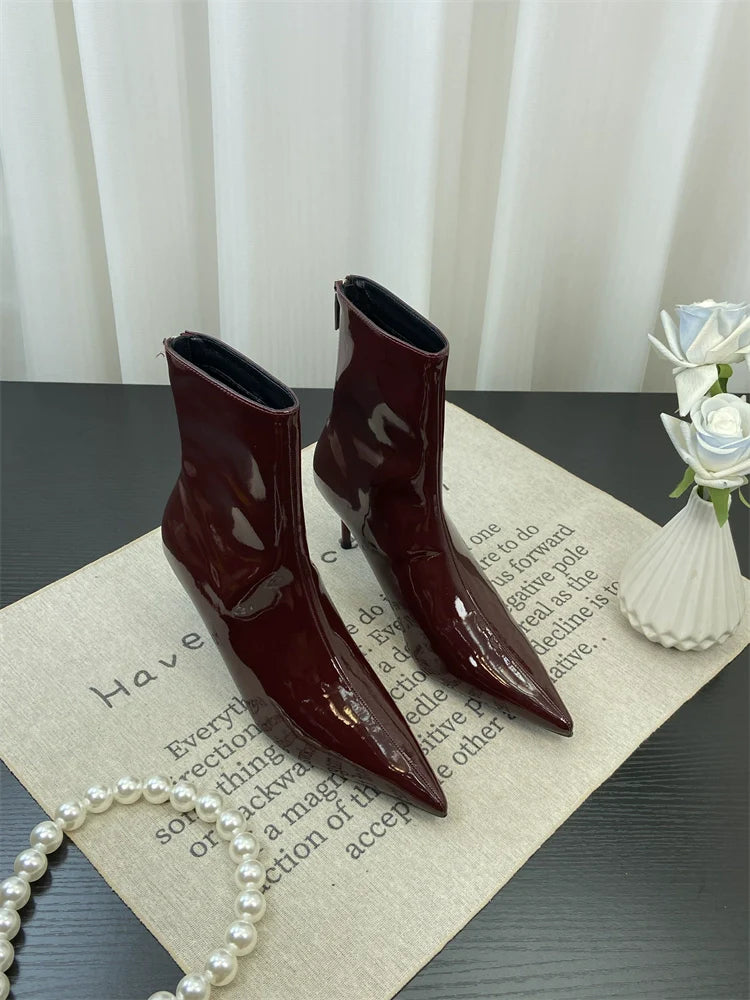 European Style Pointed Toe Patent Leather Red Ankle Boots Spring Autumn Slimming Thin Heel Short Calf Slim Boots Ankle Boots