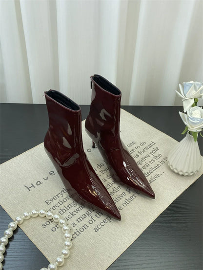 European Style Pointed Toe Patent Leather Red Ankle Boots Spring Autumn Slimming Thin Heel Short Calf Slim Boots Ankle Boots