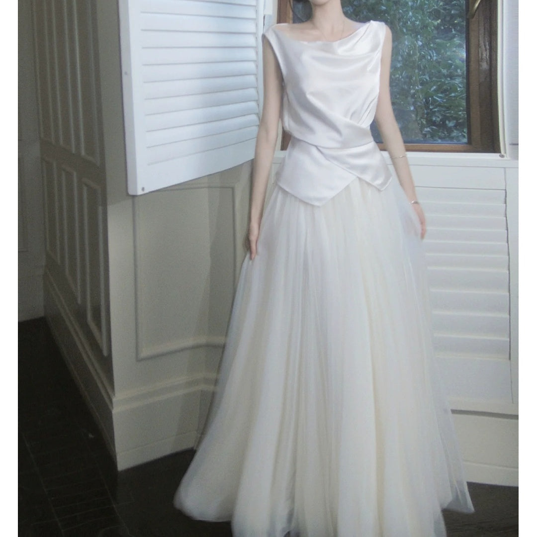 French One-Shoulder Satin Mesh Skirt Set Gown Dress