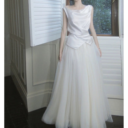 French One-Shoulder Satin Mesh Skirt Set Gown Dress