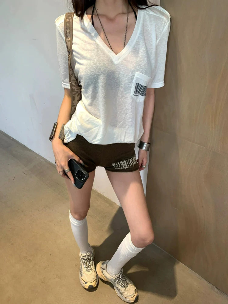 American White V-Neck Short Sleeve Tee Snow Cotton Relaxed Fit Top