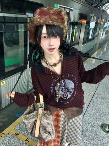 Subculture Black-Red Stripe Long Sleeve Tee Musical Print Polo Top