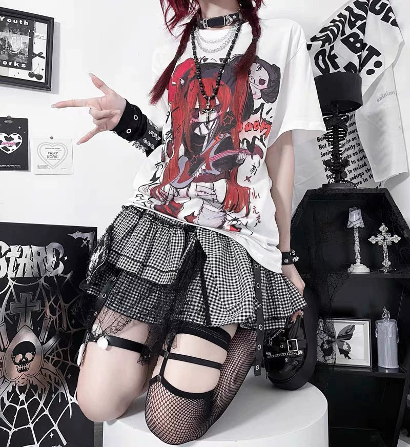 Rock Devil White Tee and Black White Spider Lace Skirt Y2K Two Pieces Sets