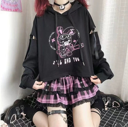 Black Cutout Hoodie And Lace Plaid Cake Skirt Set Y2K Two-Piece Set