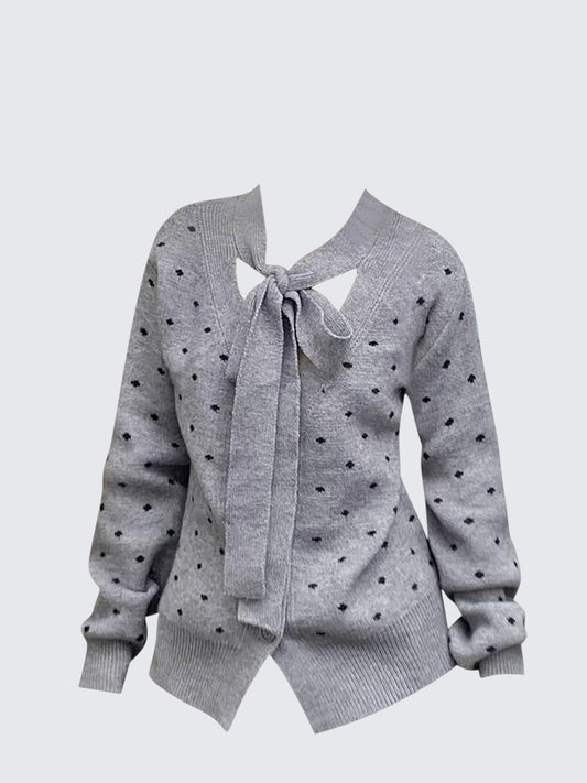 Bow Polka Dot Knit Cardigan Women