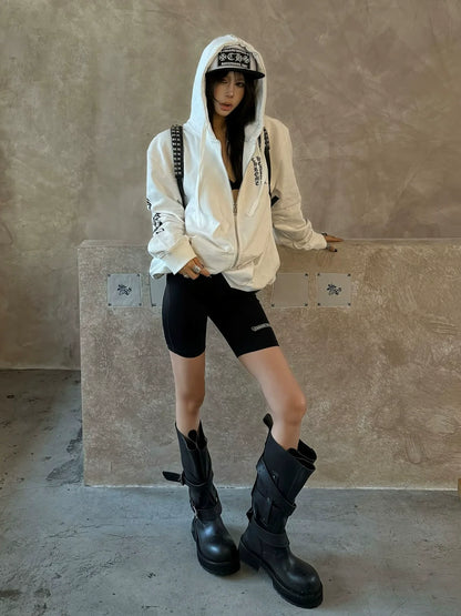 American Heavyweight Gothic Hoodie Autumn-Winter Zip-Up Pullover Letter Print Streetwear Top