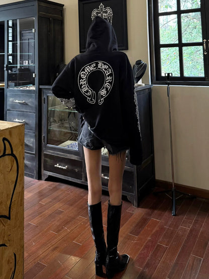 American High Street Black Hoodie Sanskrit Print Zip-Up