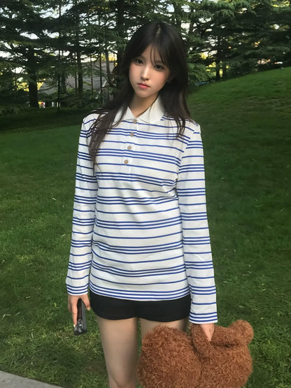 Blue-White Striped Polo Long Sleeve Korean Retro Loose Top