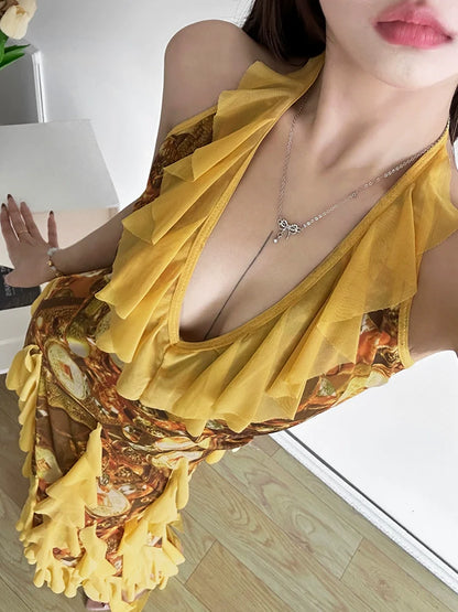 E-girl Gold Print V-Neck Halter Ruffle High-Slit Midi Dress