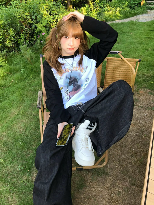 Vintage Unicorn Patchwork Long Sleeve Top for Autumn