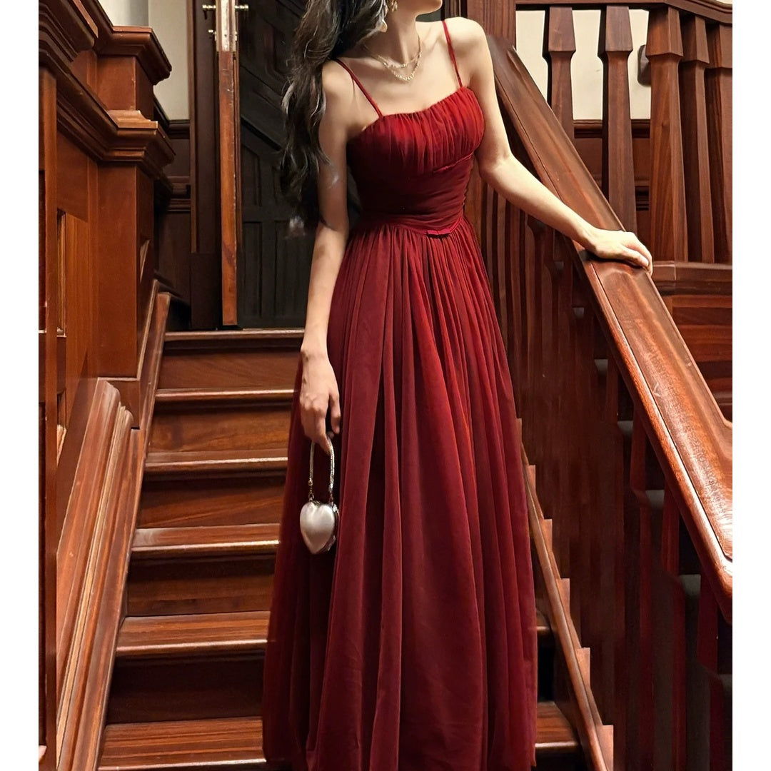 French Ballet Red Mesh Spaghetti Strap Gown Dress
