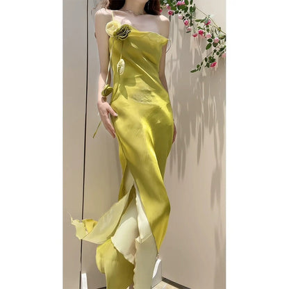 Elegant French Double Layer Draped Slit Spaghetti Strap Gown Dress