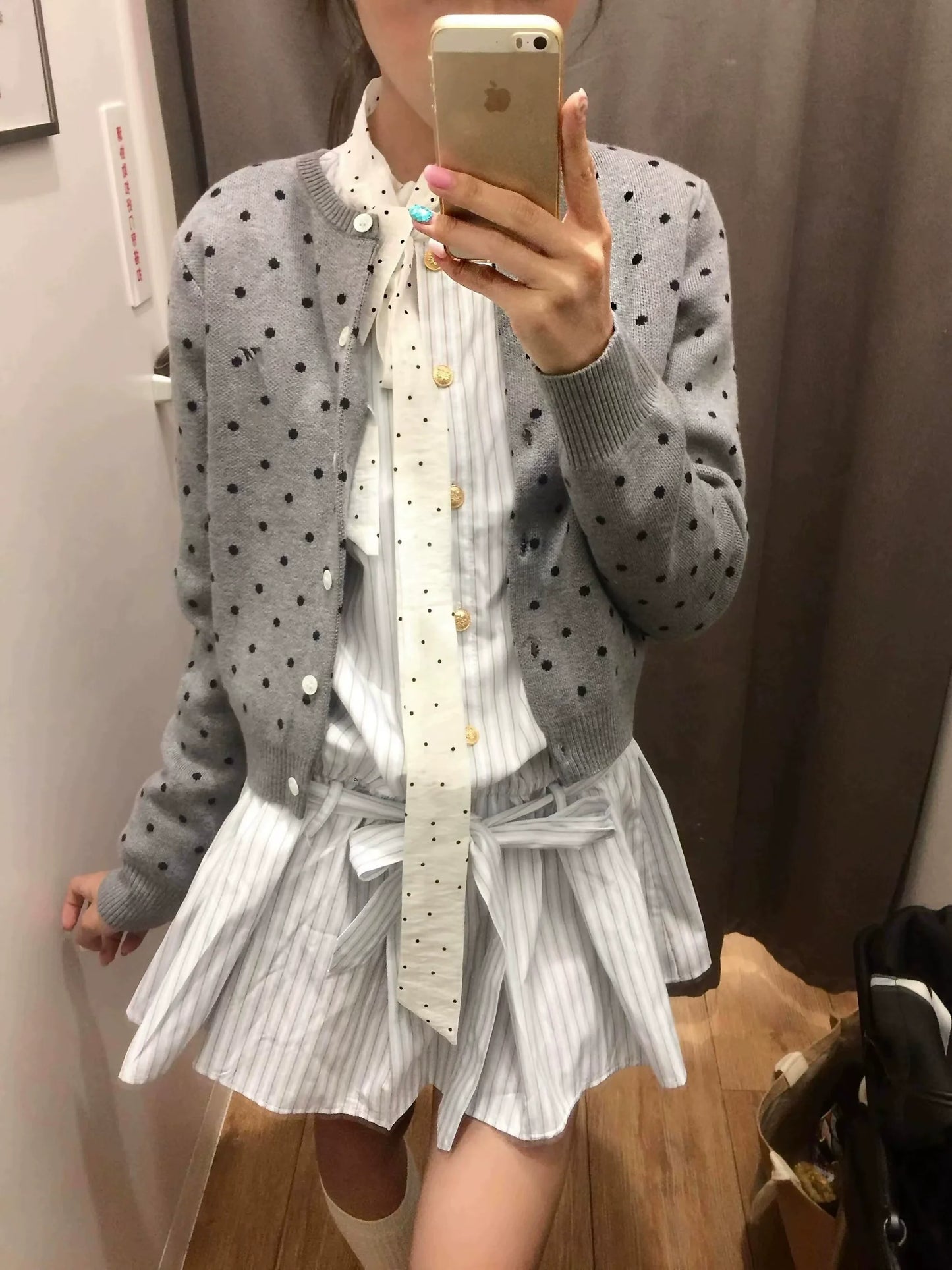 Korean-Style Polka Dot Cardigan + Stripe Dress Two-Piece Set