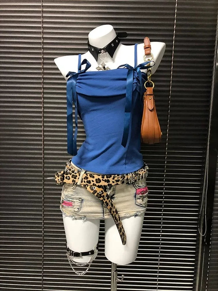 Blue Butterfly One-Shoulder Subculture Y2K E-girl Sweet-Spicy Light Subculture American Retro Bow Short Sleeve Top