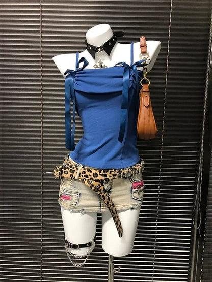 Blue Butterfly One-Shoulder Subculture Y2K E-girl Sweet-Spicy Light Subculture American Retro Bow Short Sleeve Top