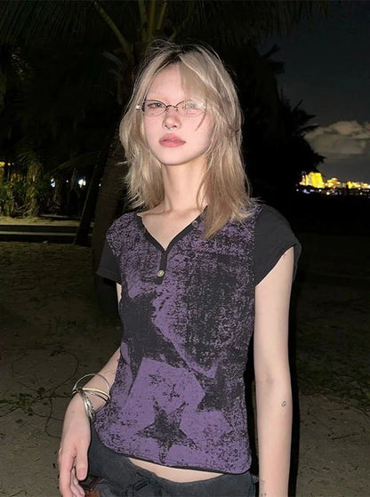 Black & Purple Subculture Punk Y2K E-girl Retro Star Print V-neck Slim-Fit Short Sleeve Top