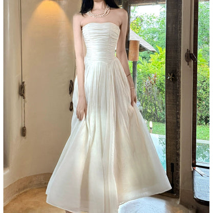 French White Bustier One-Shoulder Gown Dress