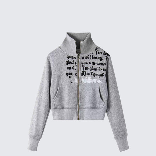 Gray Zip-Up Letter Print Hoodie