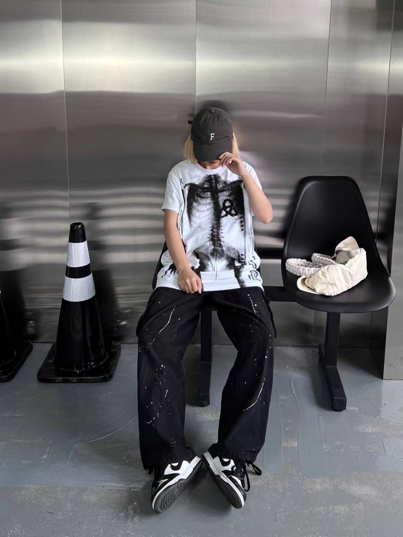 Human Skeleton Punk Bone Print Oversized Mid-Length Y2K T-Shirt