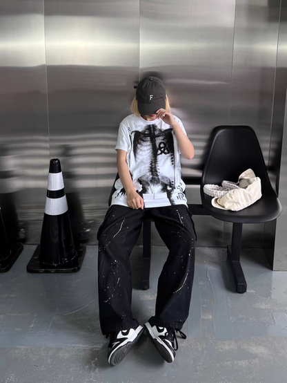 Human Skeleton Punk Bone Print Oversized Mid-Length Y2K T-Shirt