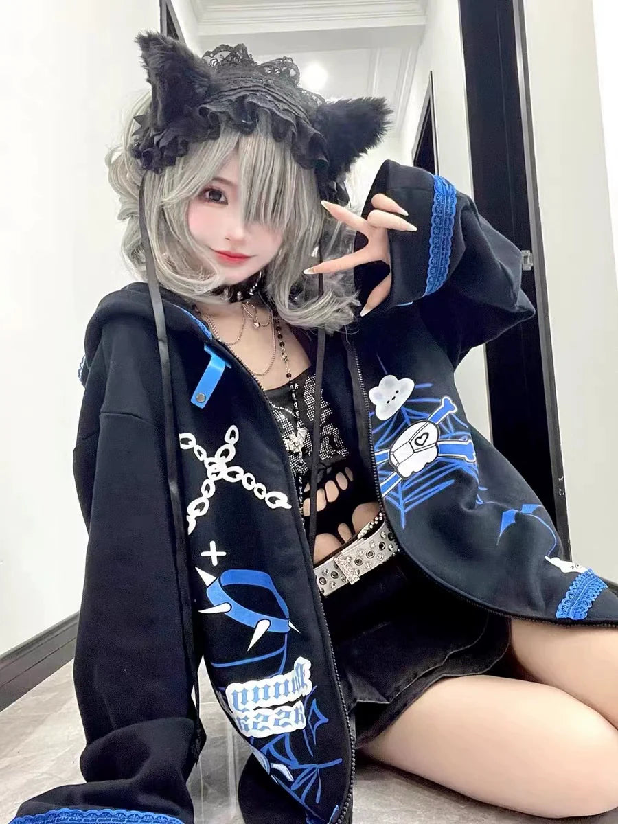 Black Y2K Punk Harajuku   Fleece-Lined Hoodie
